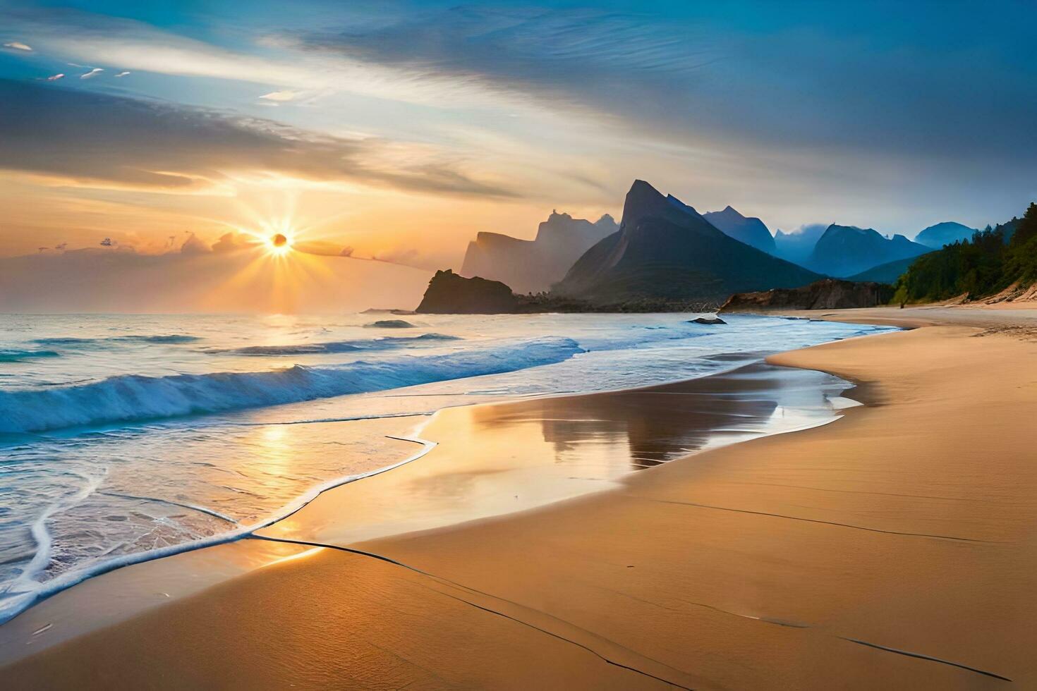 sunset on the beach with waves and mountains. AI-Generated photo