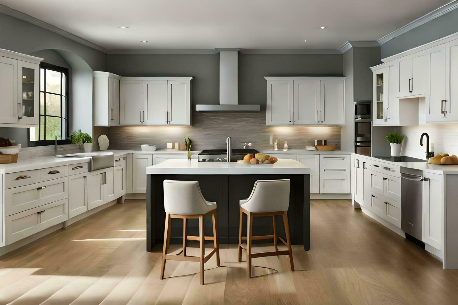 a kitchen with white cabinets and a center island. AI-Generated photo