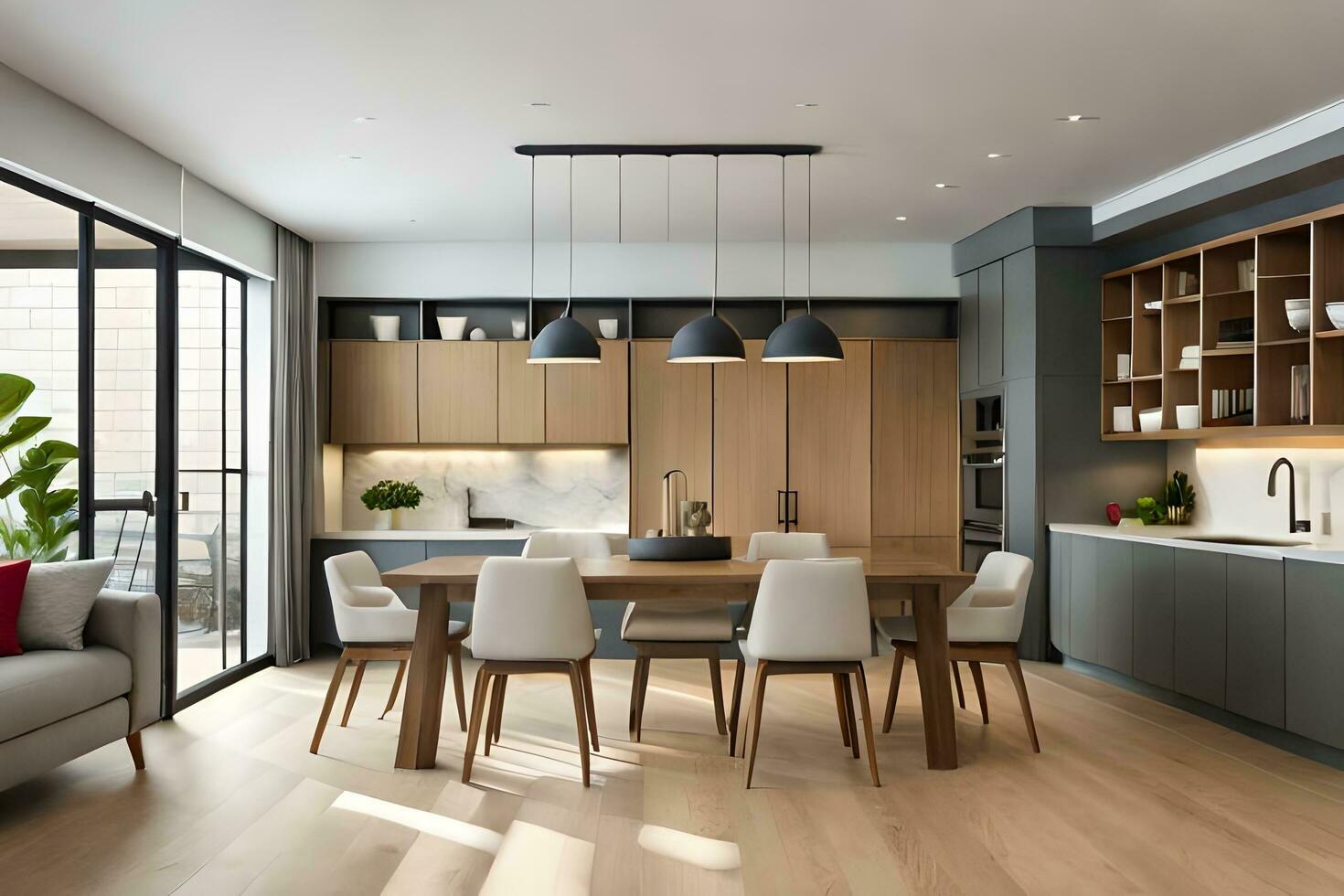 a modern kitchen and dining room with wooden cabinets. AI-Generated photo