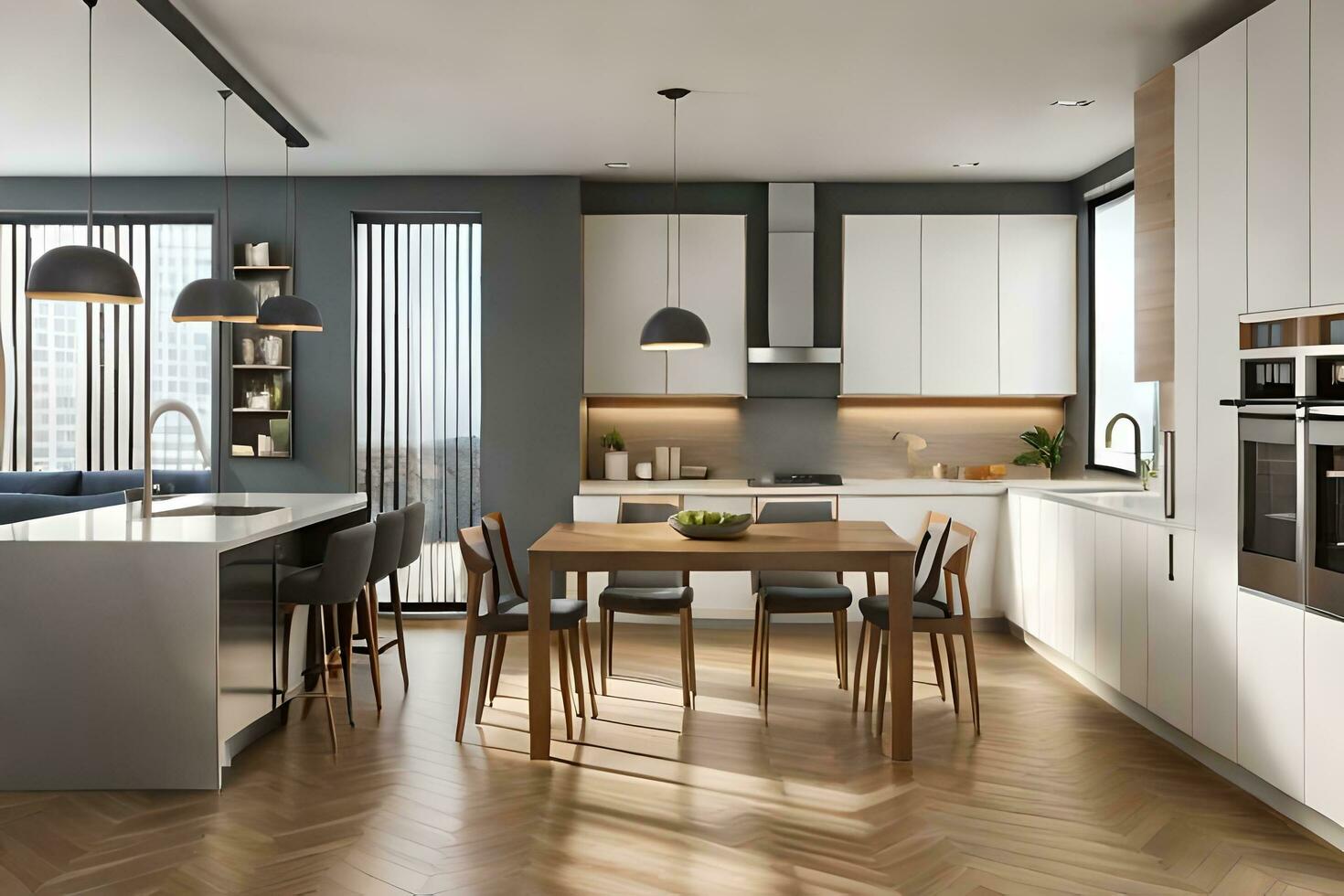 a modern kitchen with wooden floors and white walls. AI-Generated ...