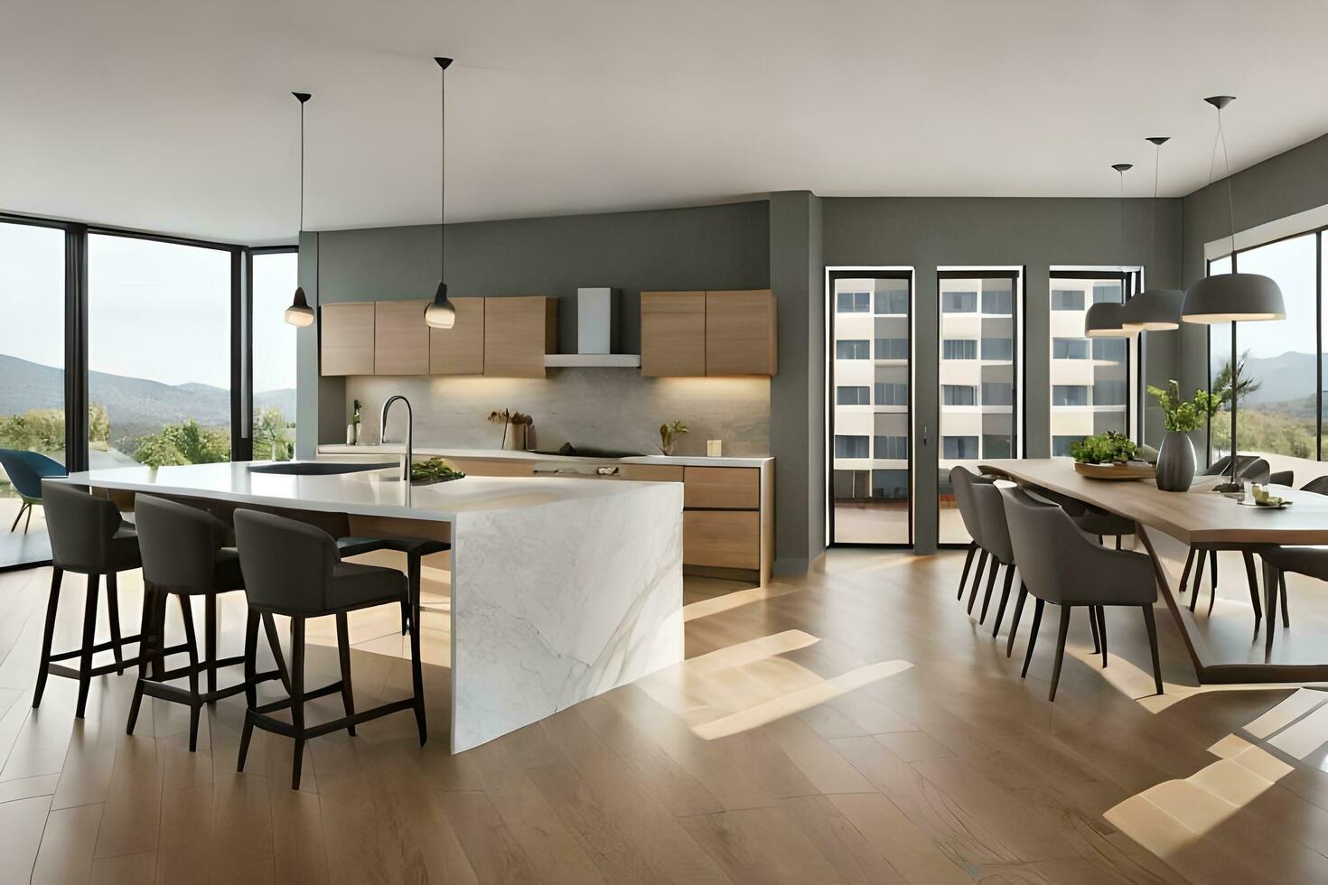 a modern kitchen with a large island and dining table. AI-Generated photo
