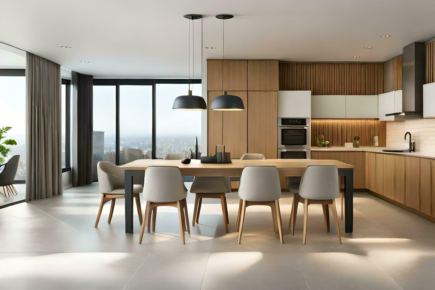 moderno cocina con de madera armarios y un comida mesa. generado por ai foto