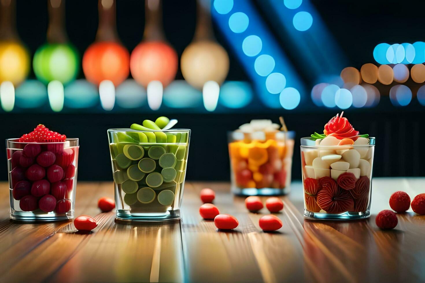 various fruit and vegetables in glasses on a table. AI-Generated photo