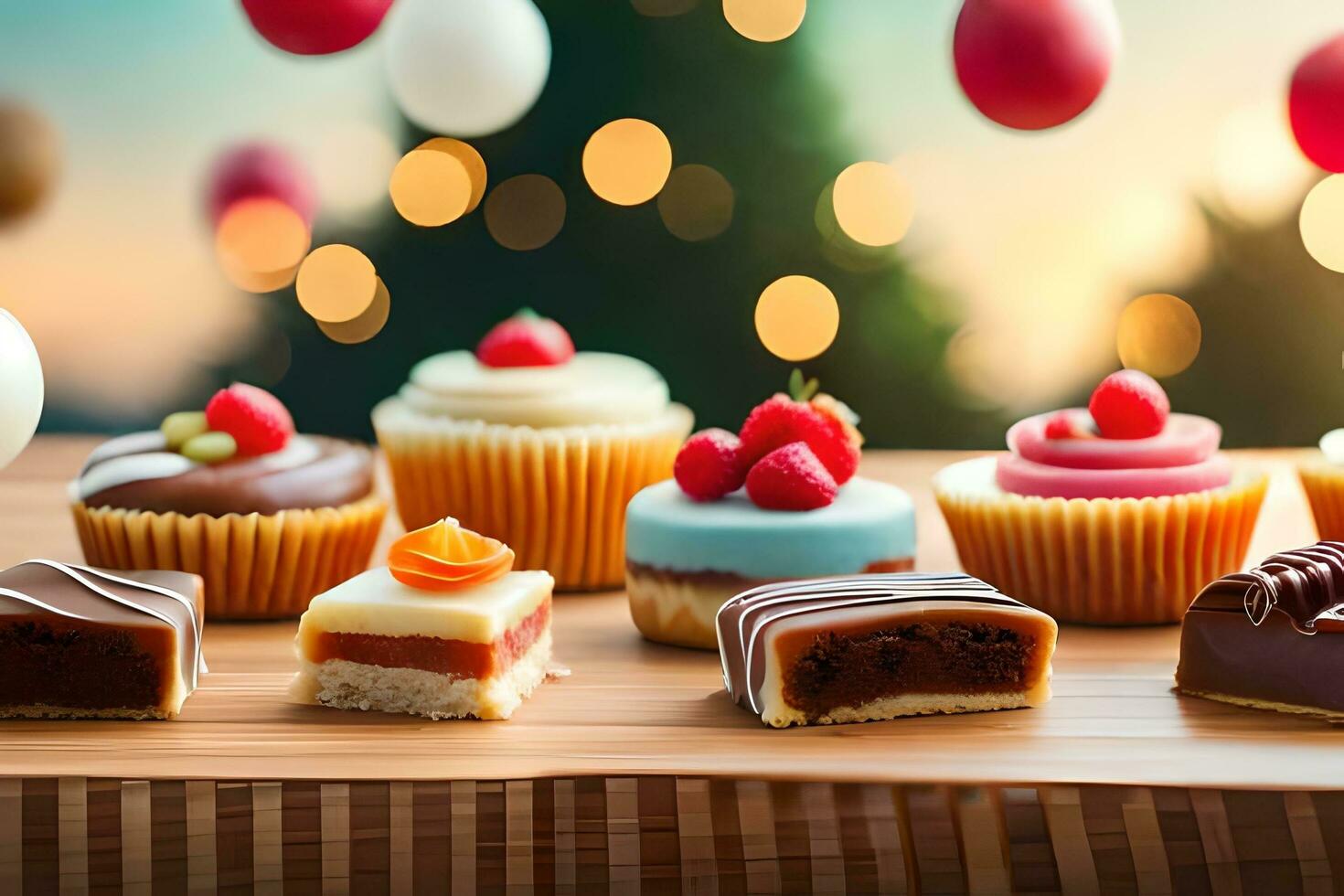 various types of cakes and desserts on a wooden table. AI-Generated photo