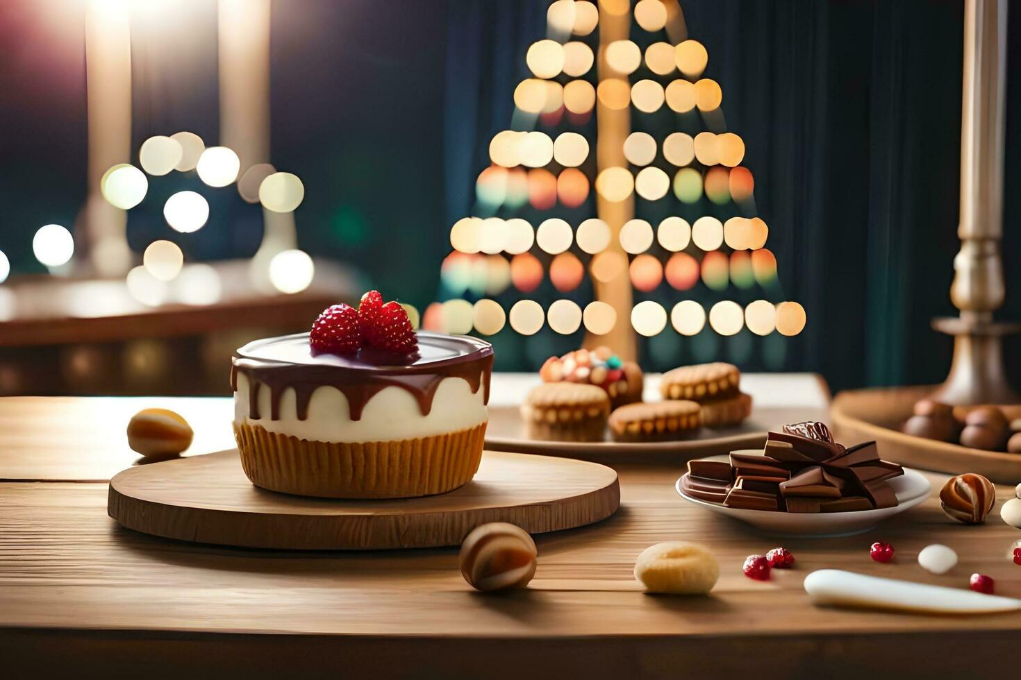 christmas cake and other desserts on a table. AI-Generated photo