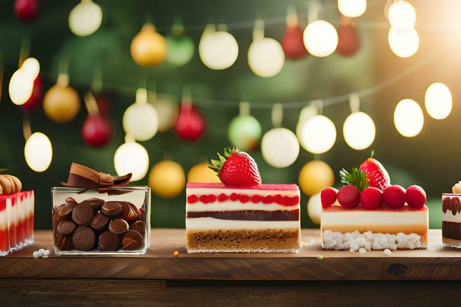 christmas desserts on wooden table with christmas lights. AI-Generated photo