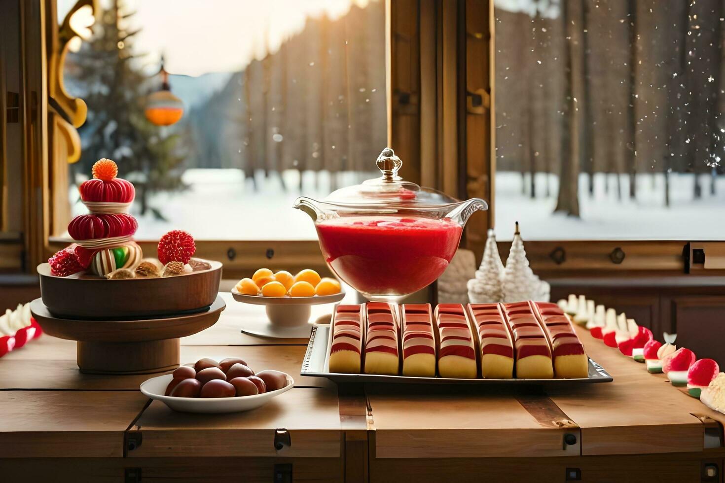 a table with a variety of desserts and candies. AI-Generated photo