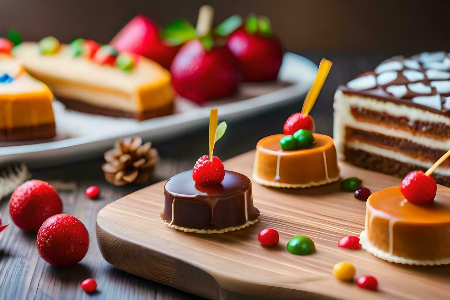 various cakes and desserts on a wooden table. AI-Generated photo