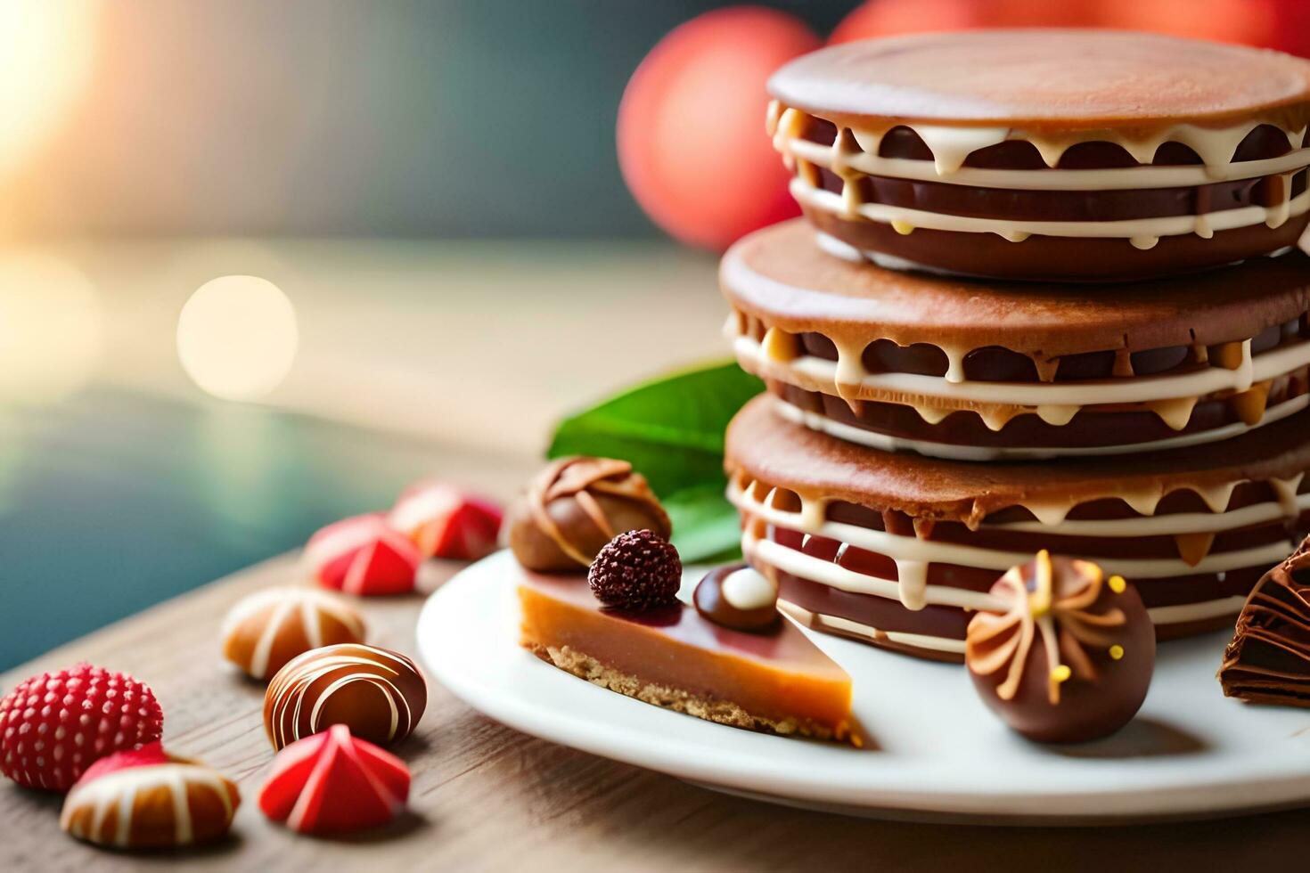 a stack of chocolate cakes on a plate. AI-Generated photo
