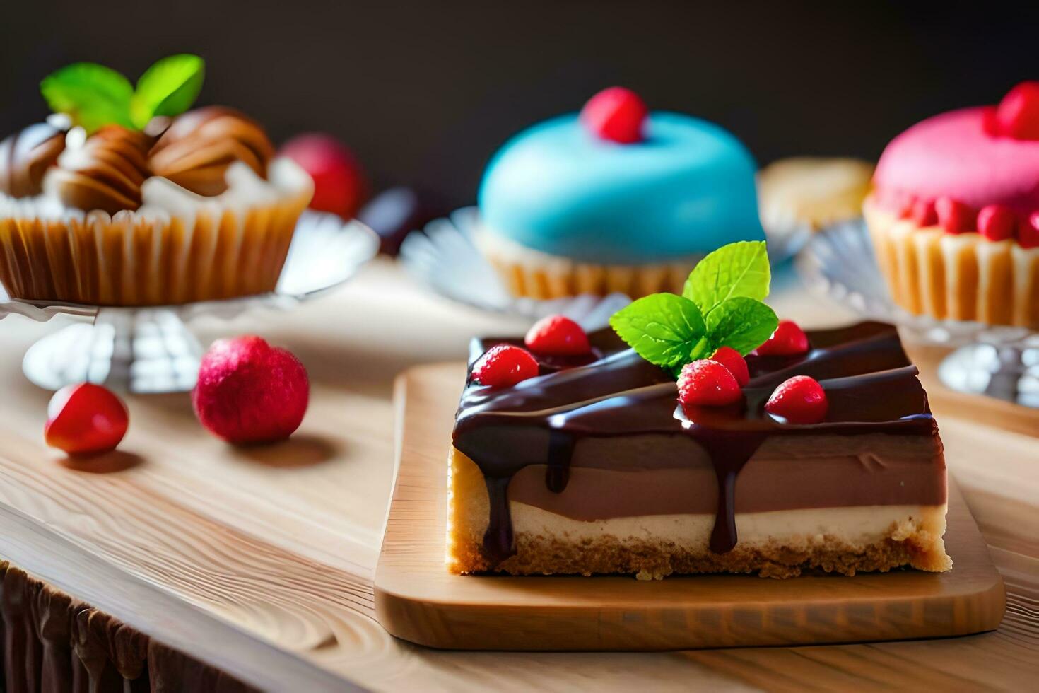 a dessert with chocolate and cherries on a wooden table. AI-Generated photo