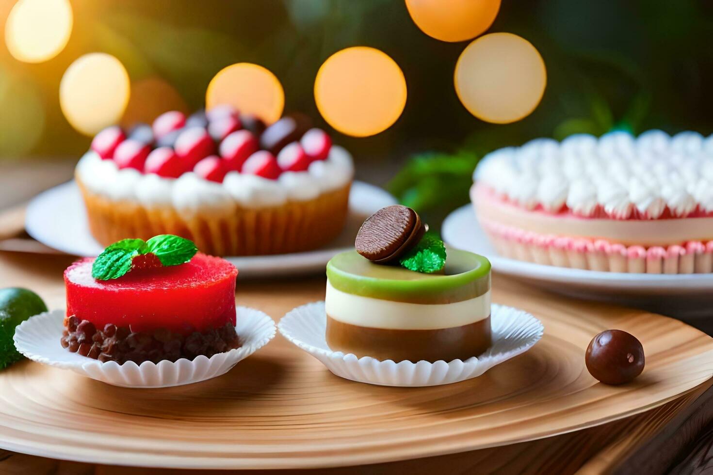 three different types of cakes on a wooden table. AI-Generated photo