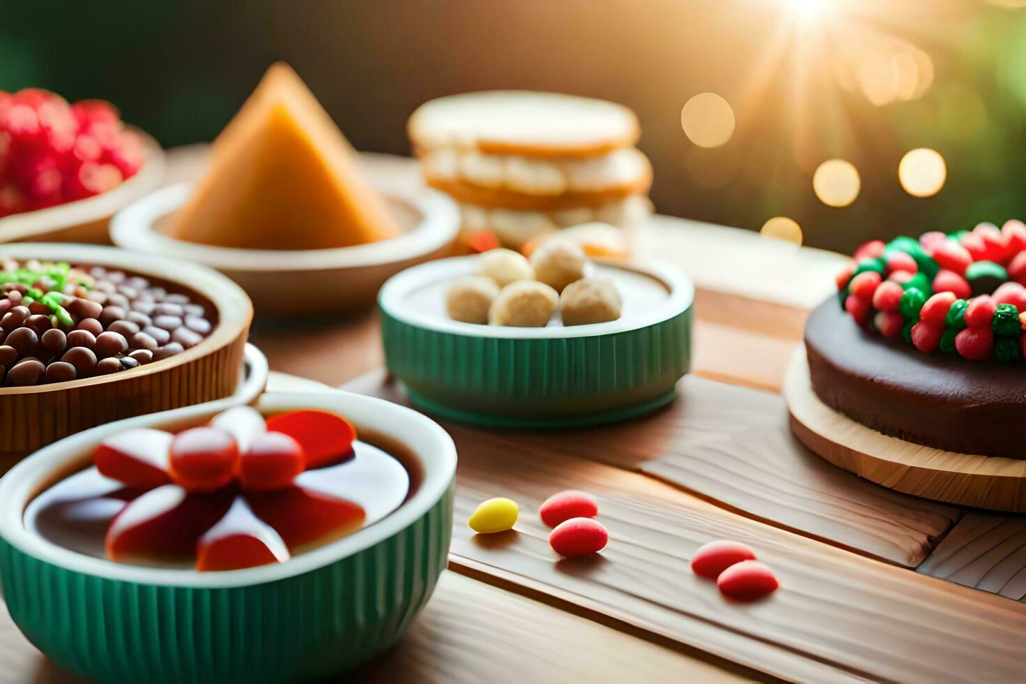 a table with various desserts and candies. AI-Generated photo