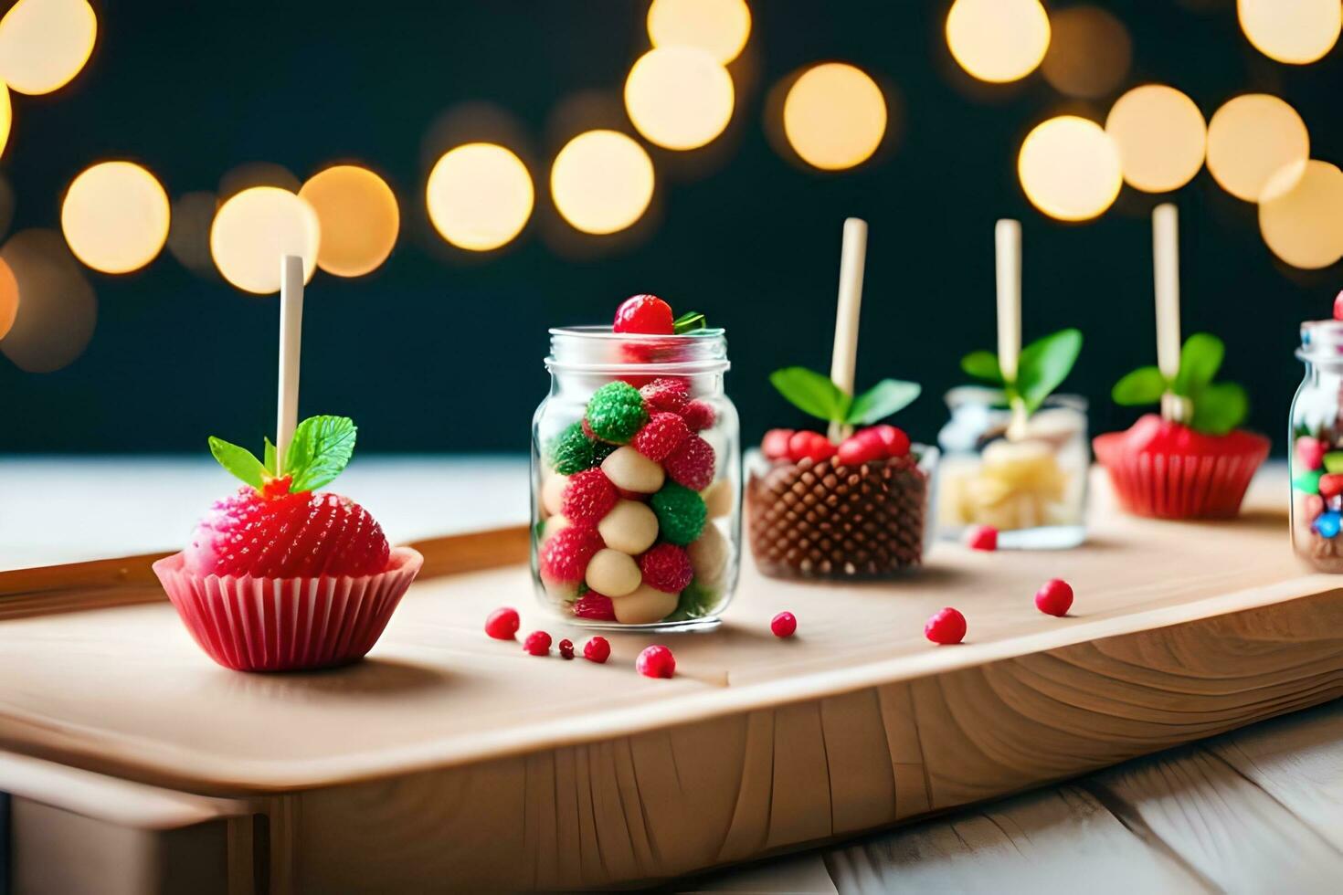 Navidad caramelo en un de madera bandeja con bayas y dulces. generado por ai foto