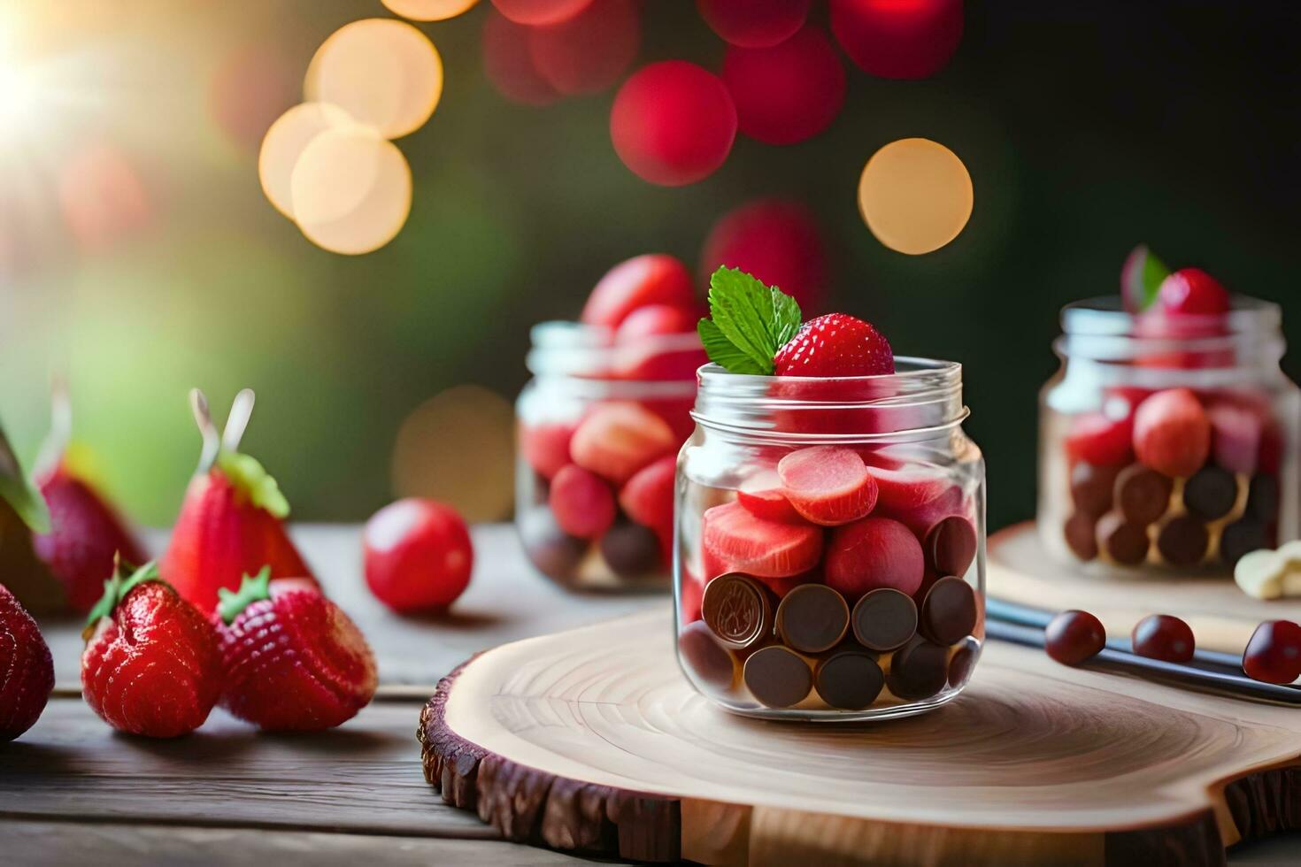 chocolate and strawberries in jars on a wooden table. AI-Generated photo