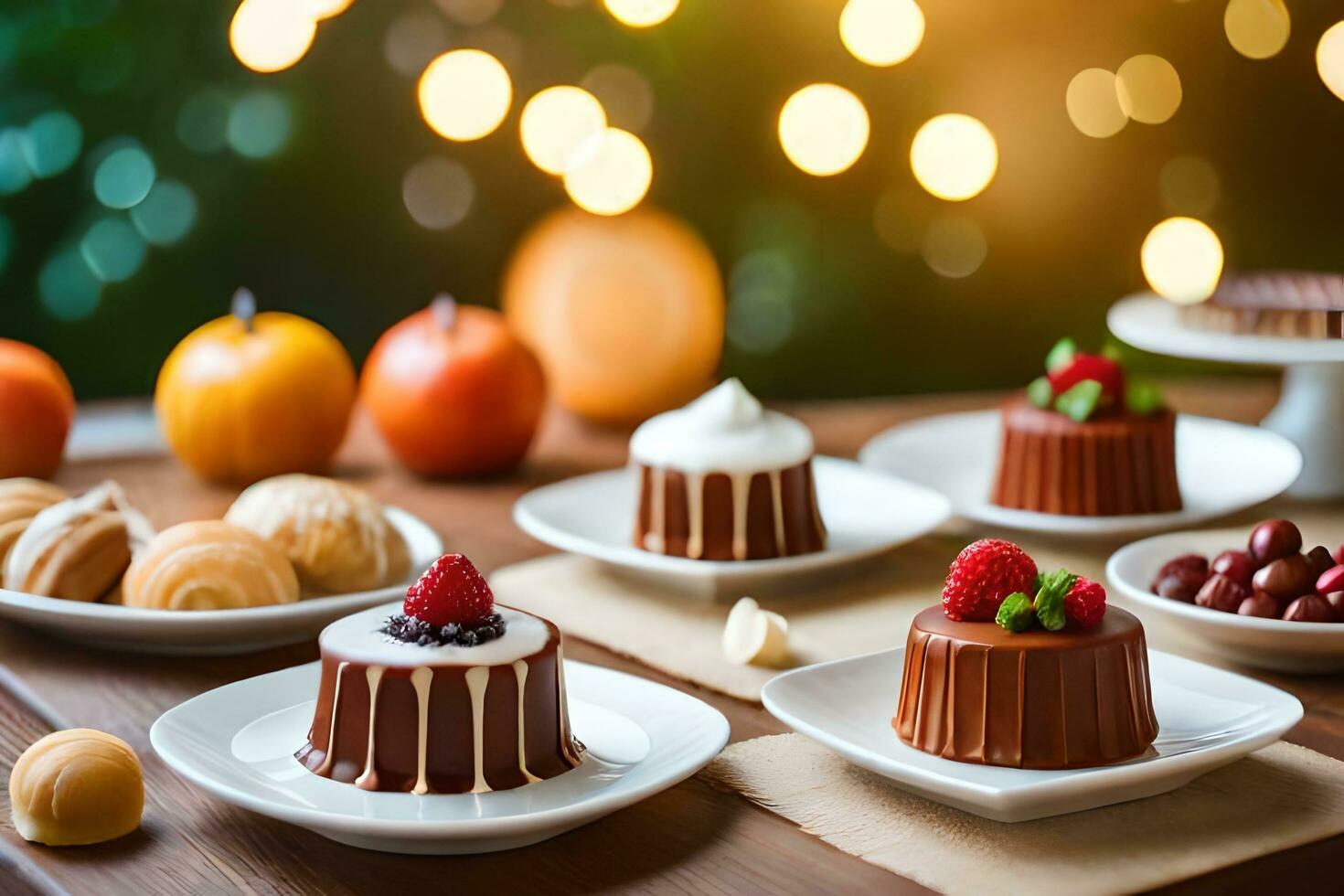 various desserts on plates with lights in the background. AI-Generated photo