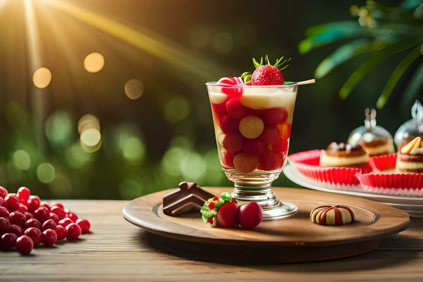 un postre con fresas y cerezas en un de madera mesa. generado por ai foto