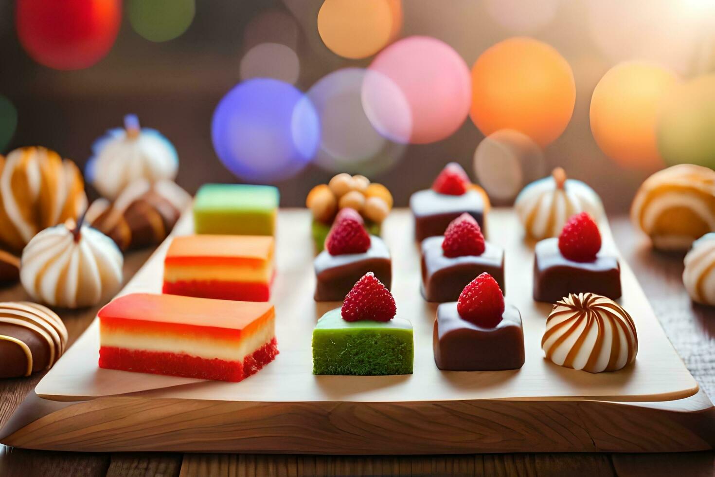 assorted desserts on a wooden tray. AI-Generated photo