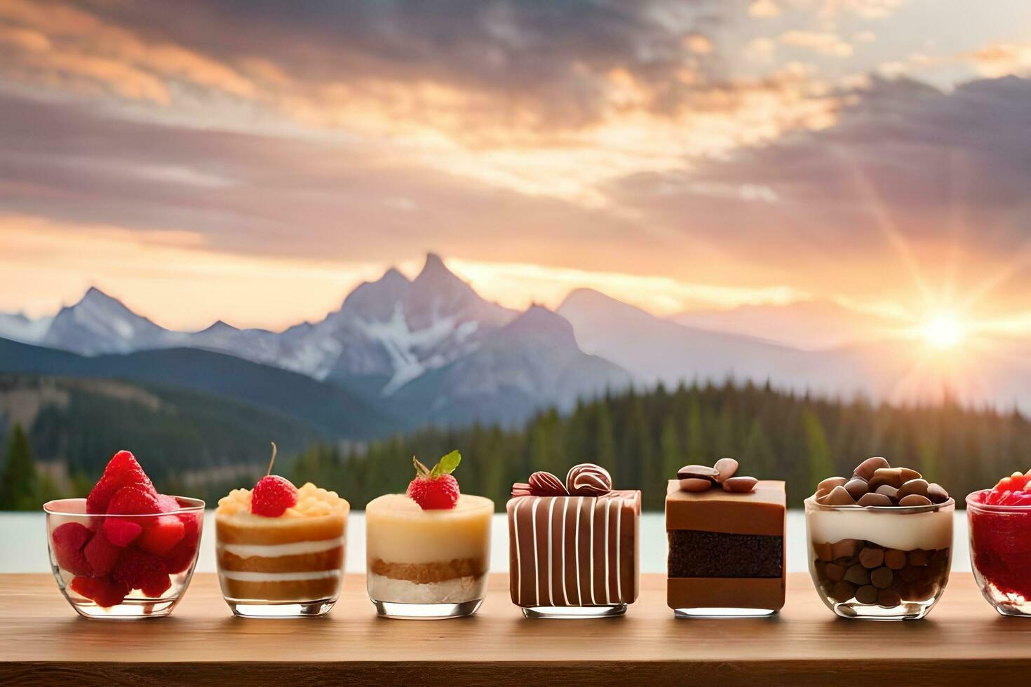 desserts in glasses on a table with mountains in the background. AI-Generated photo