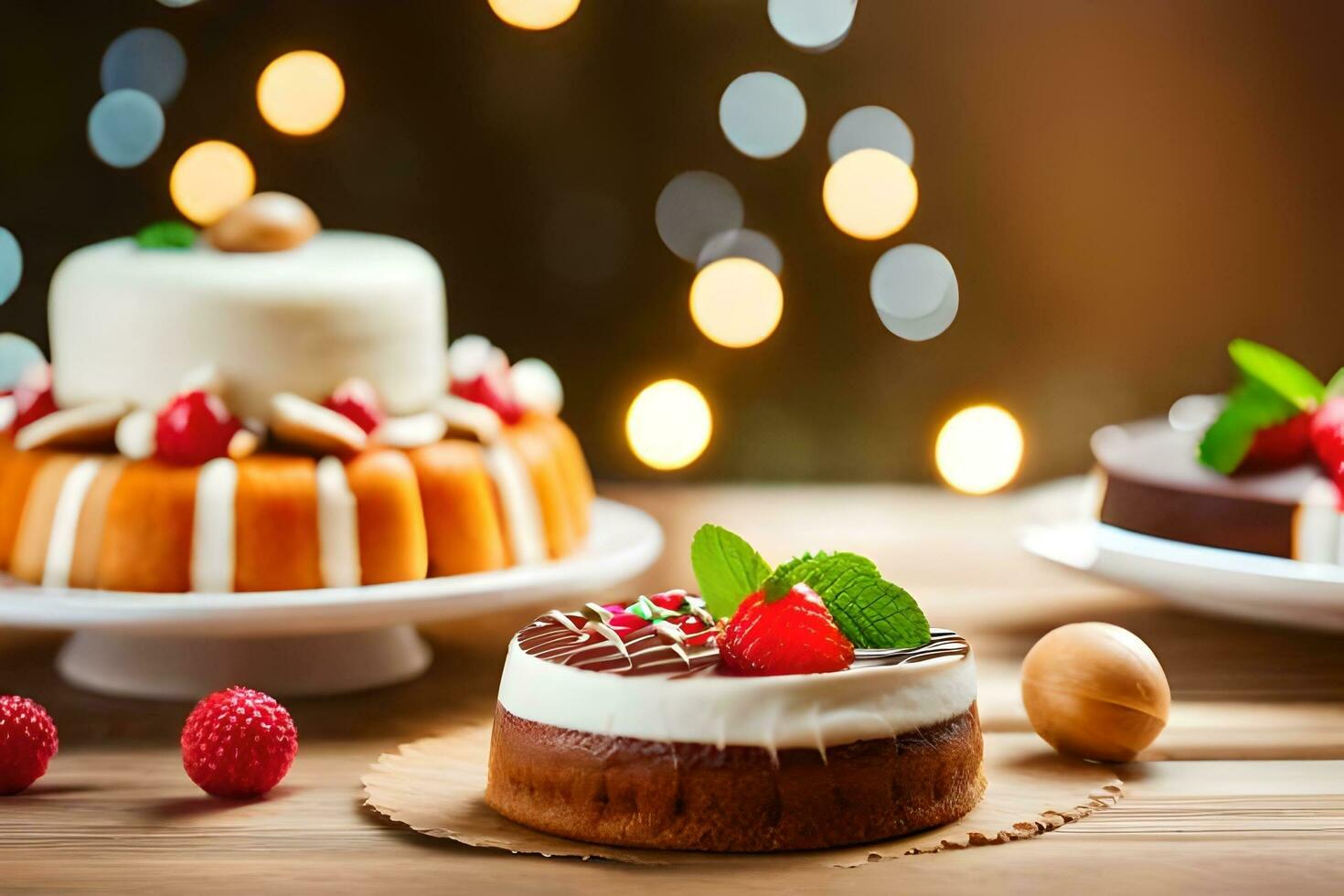 three cakes with frosting and raspberries on a wooden table. AI-Generated photo