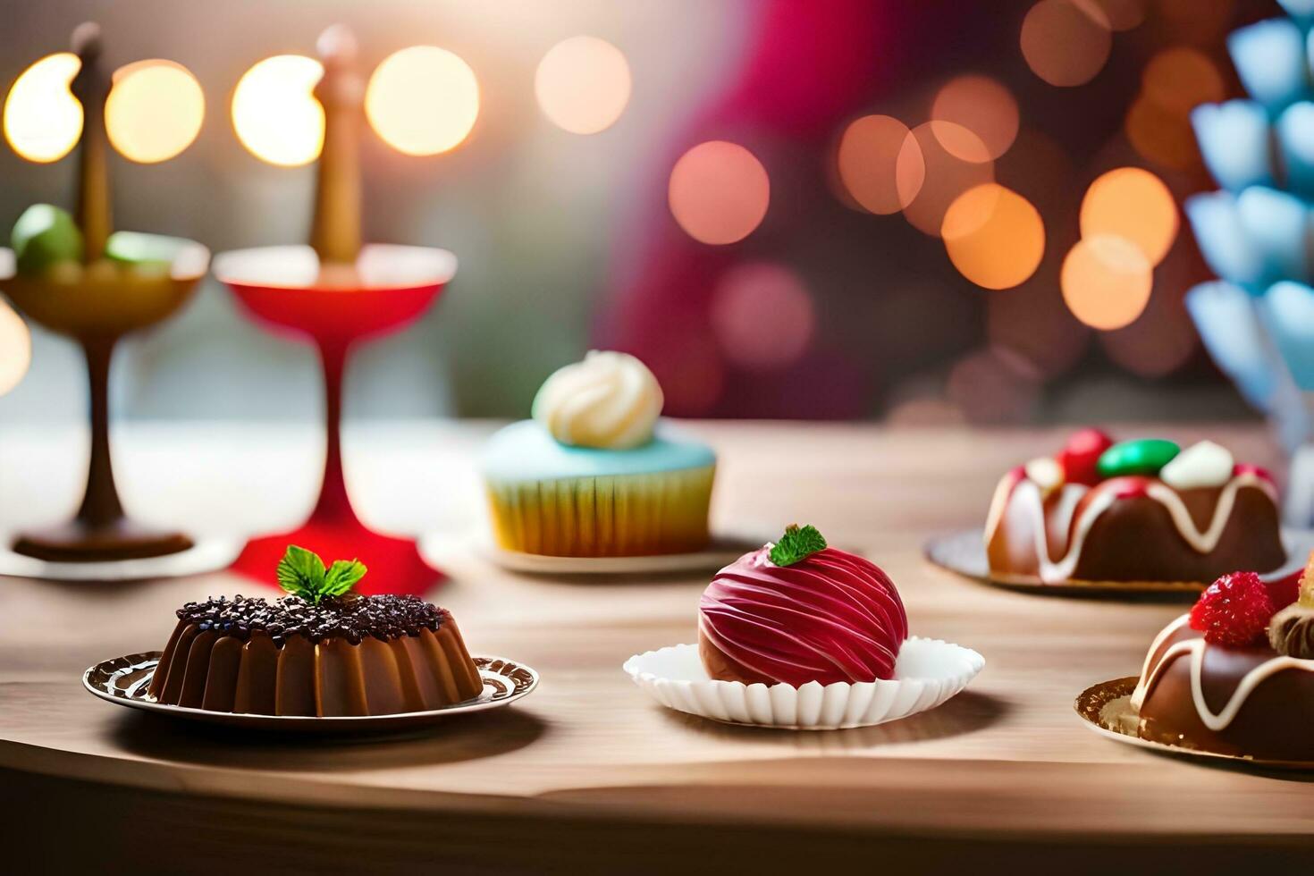 various desserts on a table with lights in the background. AI-Generated photo