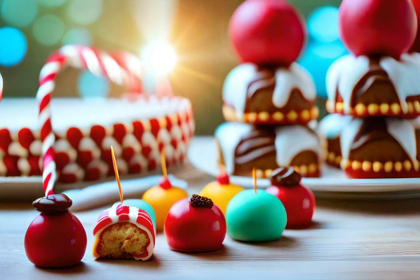 christmas cake with candies and candies on a table. AI-Generated photo