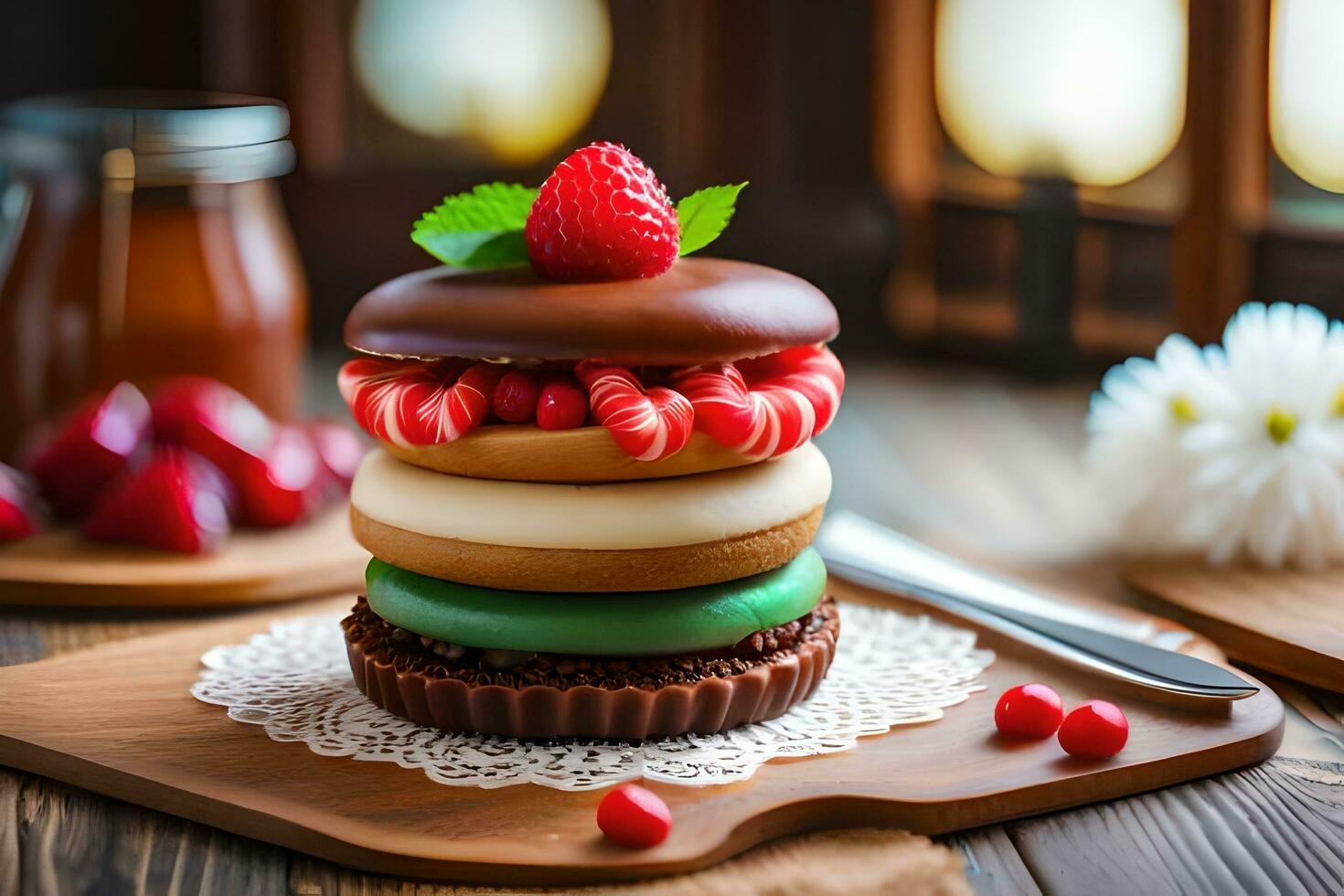 a stack of three cupcakes with strawberries on top. AI-Generated photo