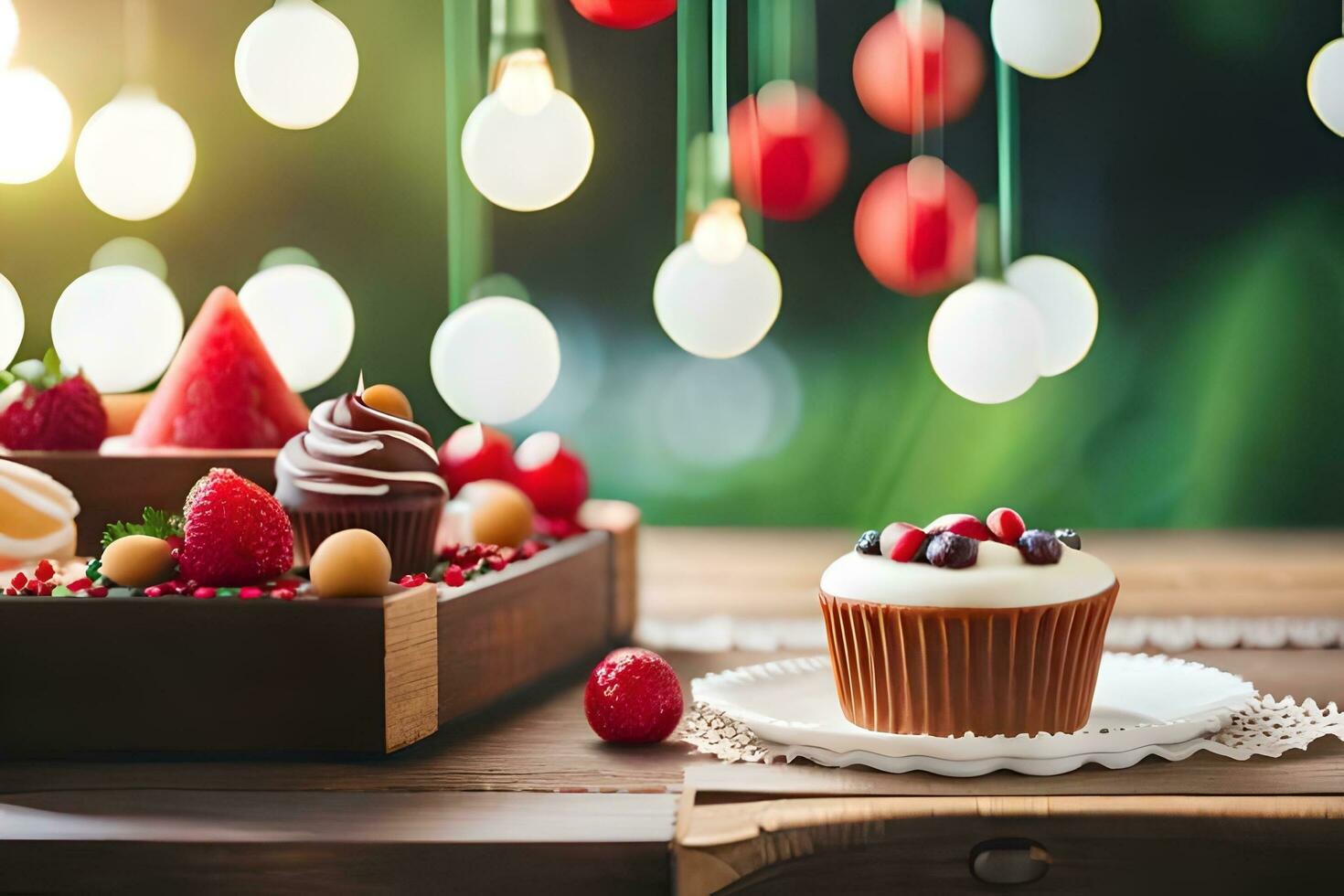 a cupcake and some fruit on a wooden table. AI-Generated photo