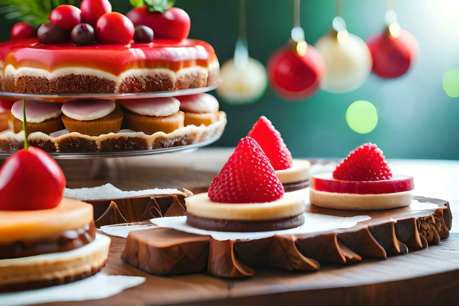 christmas cakes on a table with christmas decorations. AI-Generated photo