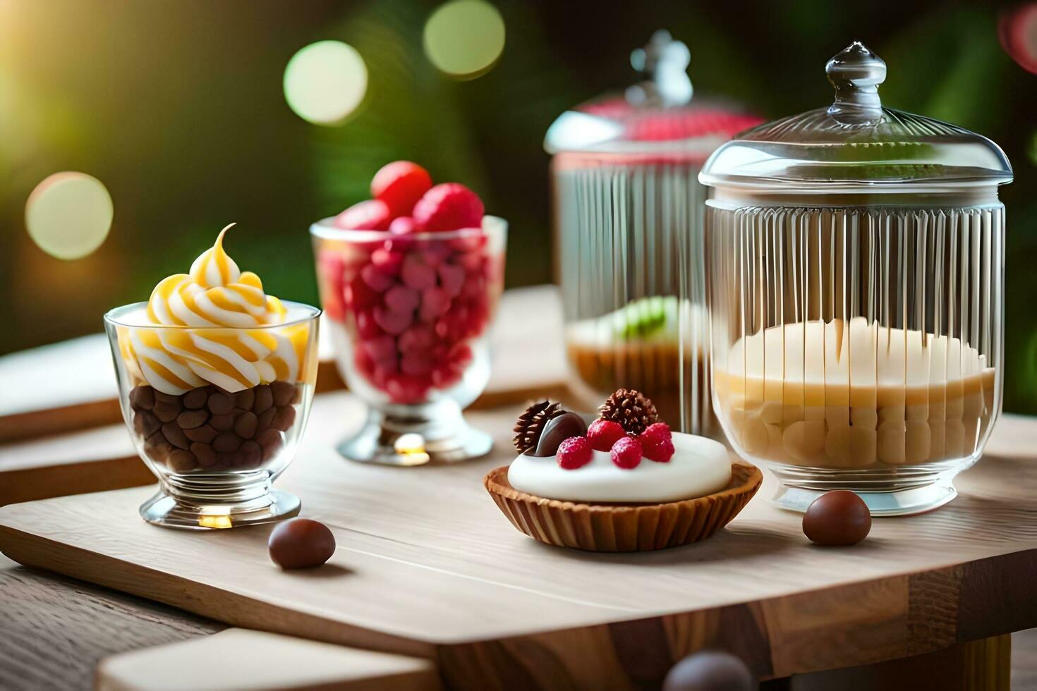 various desserts in glass jars on a wooden table. AI-Generated photo