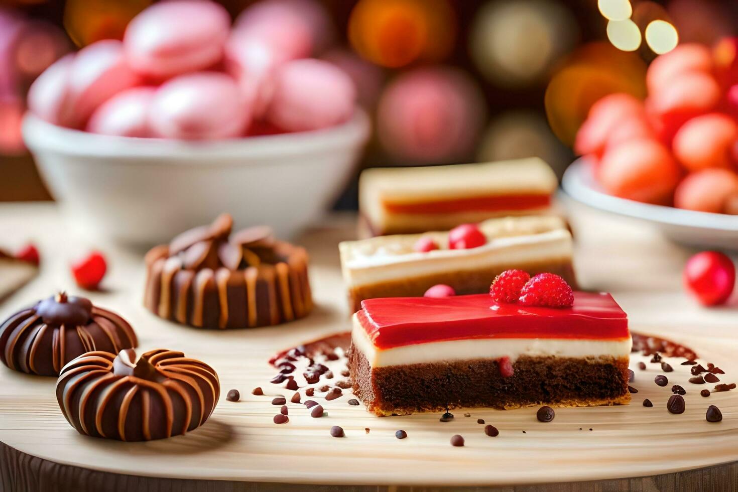 various desserts on a wooden table. AI-Generated photo