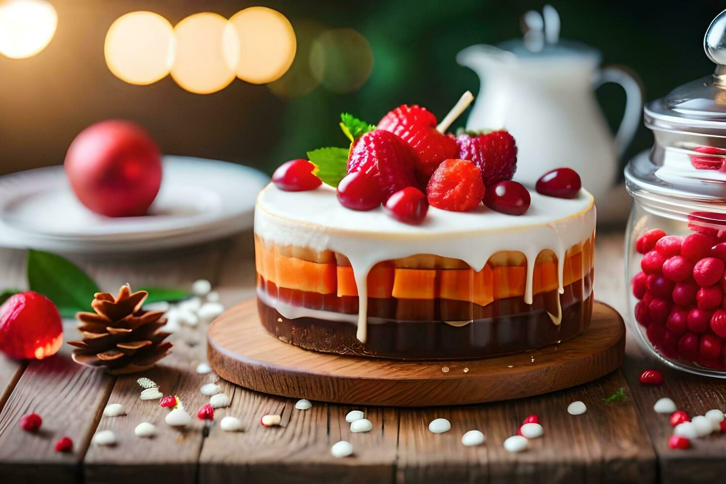 a cake with berries and cream on a wooden table. AI-Generated photo