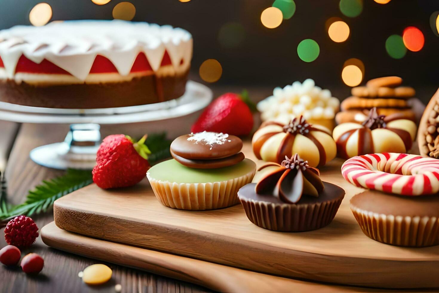 christmas cakes and cupcakes on a wooden board. AI-Generated photo