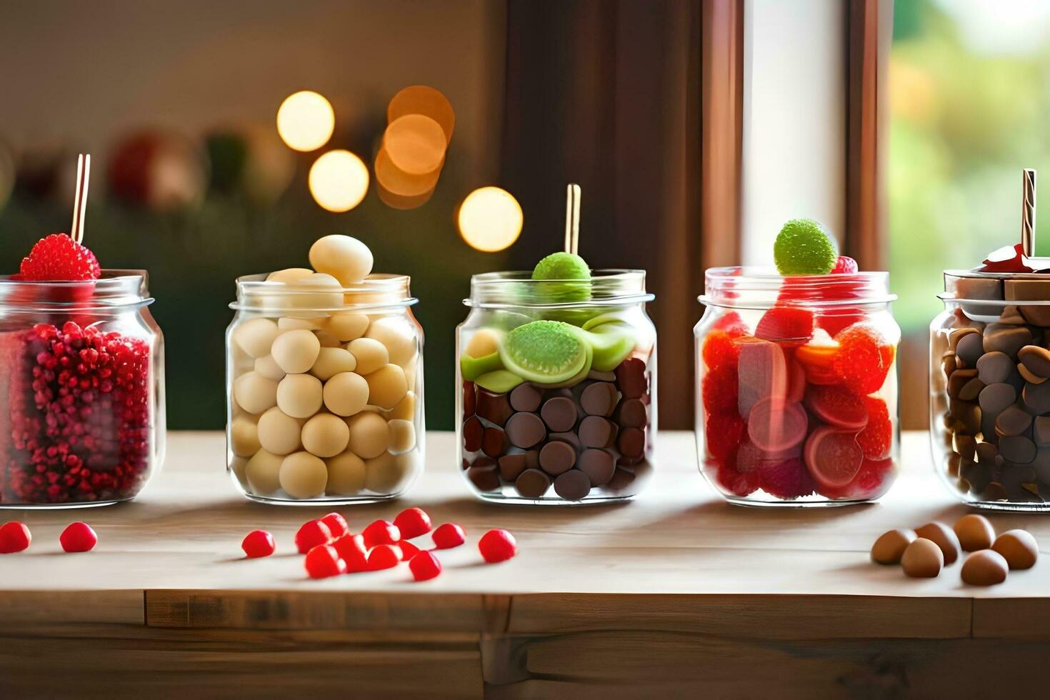 a row of jars with different types of candy. AI-Generated photo