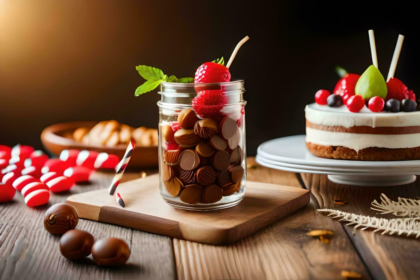 a cake and some strawberries in a glass jar. AI-Generated photo