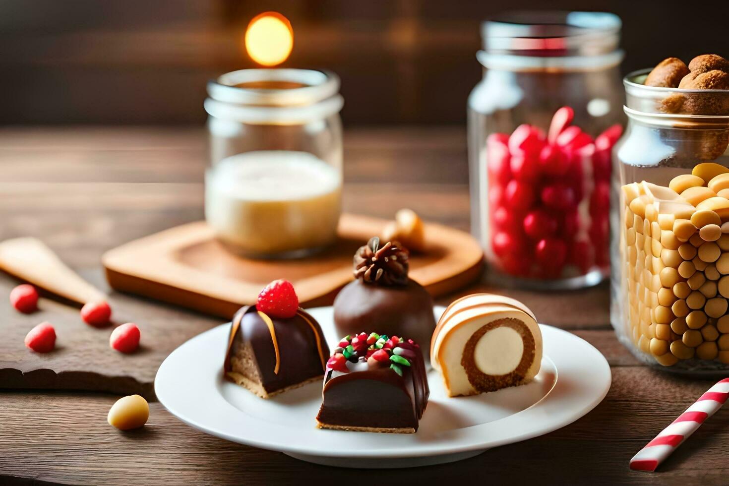 various chocolates and candies on a table. AI-Generated photo