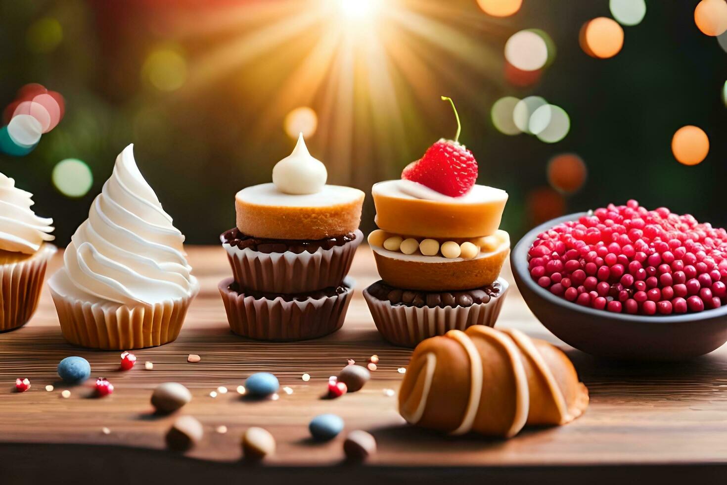various cupcakes and other desserts on a table. AI-Generated photo