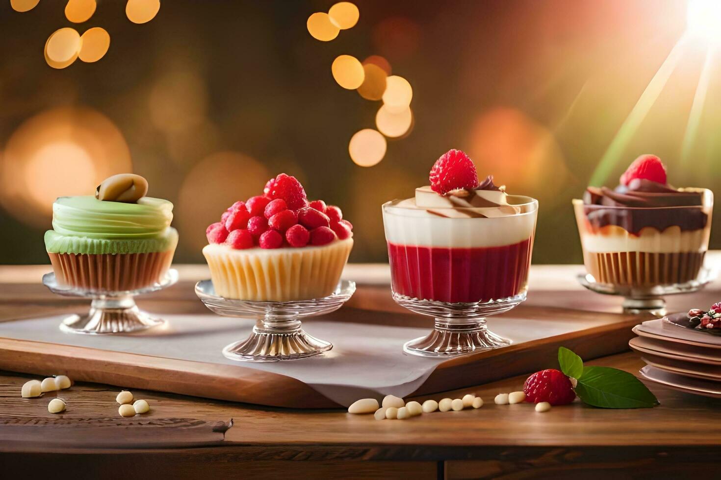 various desserts on a wooden table. AI-Generated photo