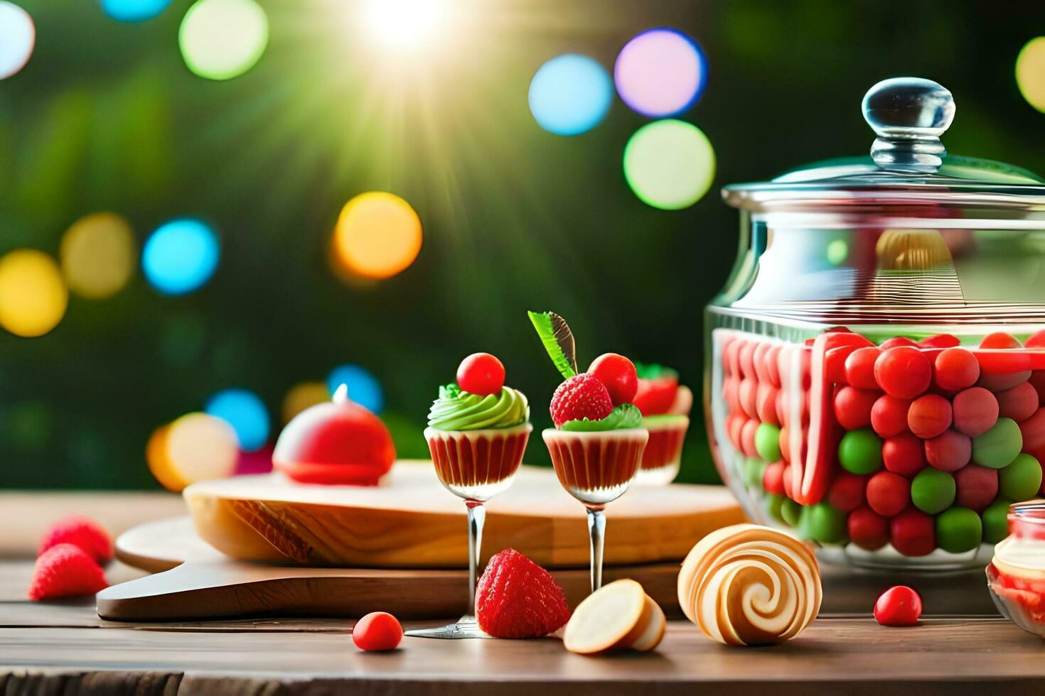 christmas dessert on wooden table with colorful lights. AI-Generated photo