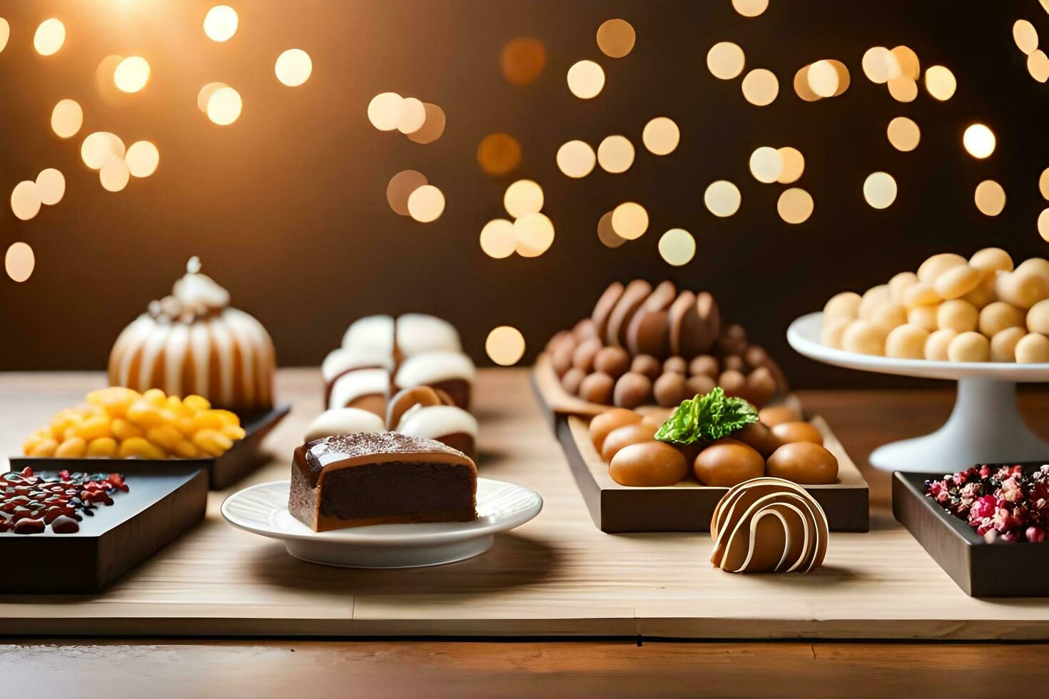 a table with various desserts and candies. AI-Generated photo