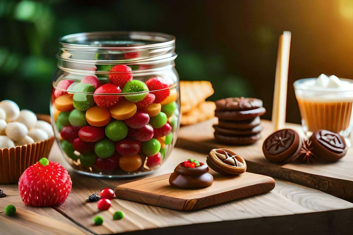various candies and sweets are in a jar on a table. AI-Generated photo