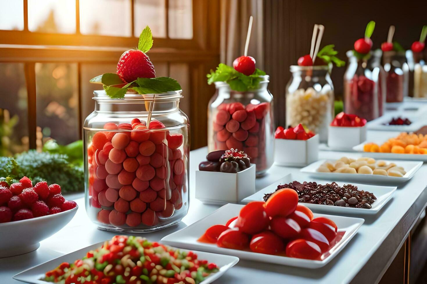 a buffet table with many different types of fruit and vegetables. AI-Generated photo