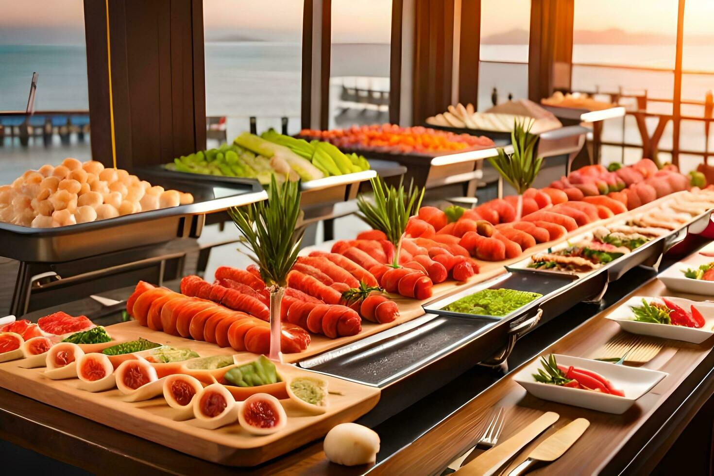 a buffet with many different types of food. AI-Generated 32953715 Stock