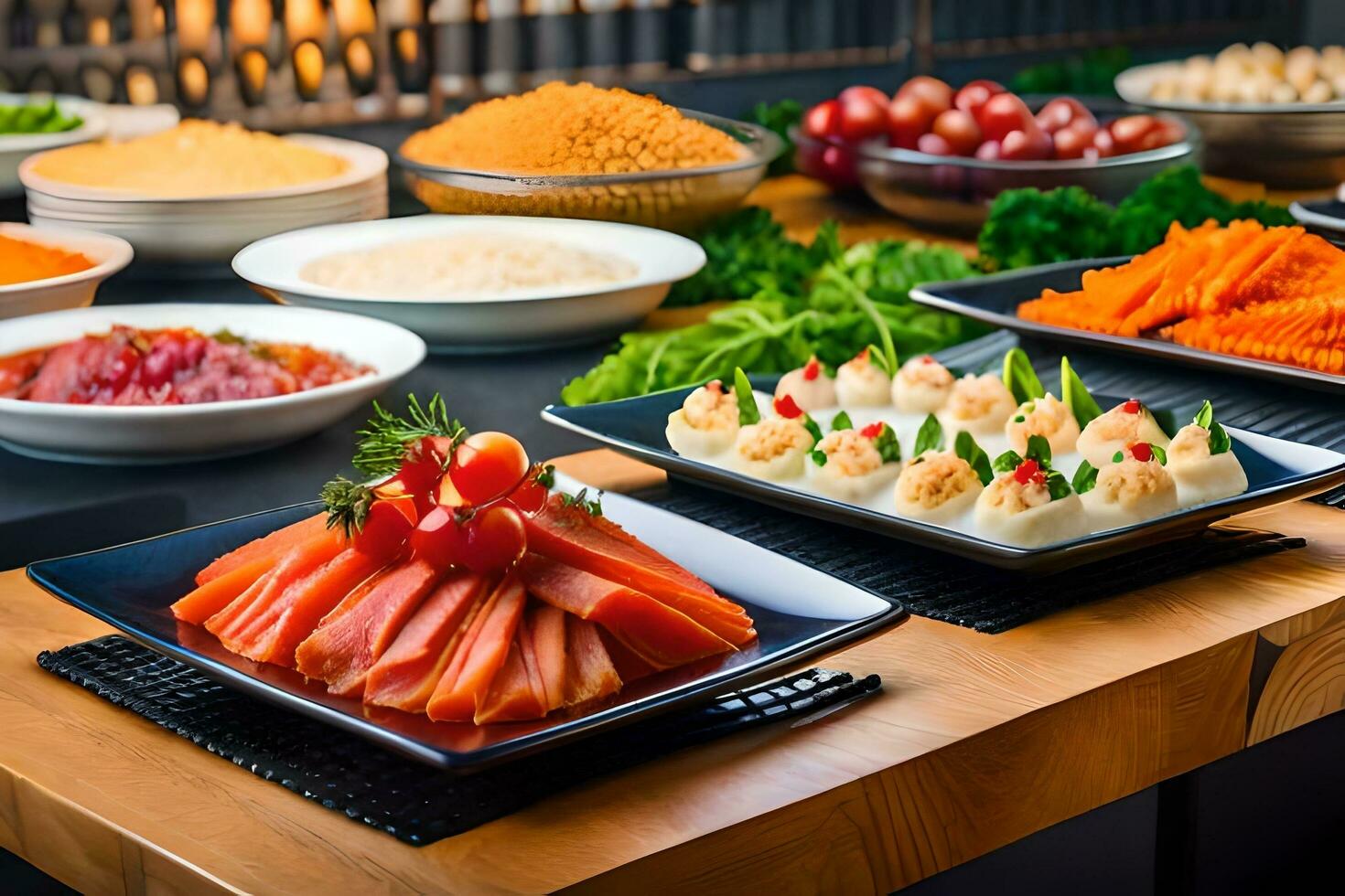 a buffet with various types of food on it. AI-Generated 32953745 Stock