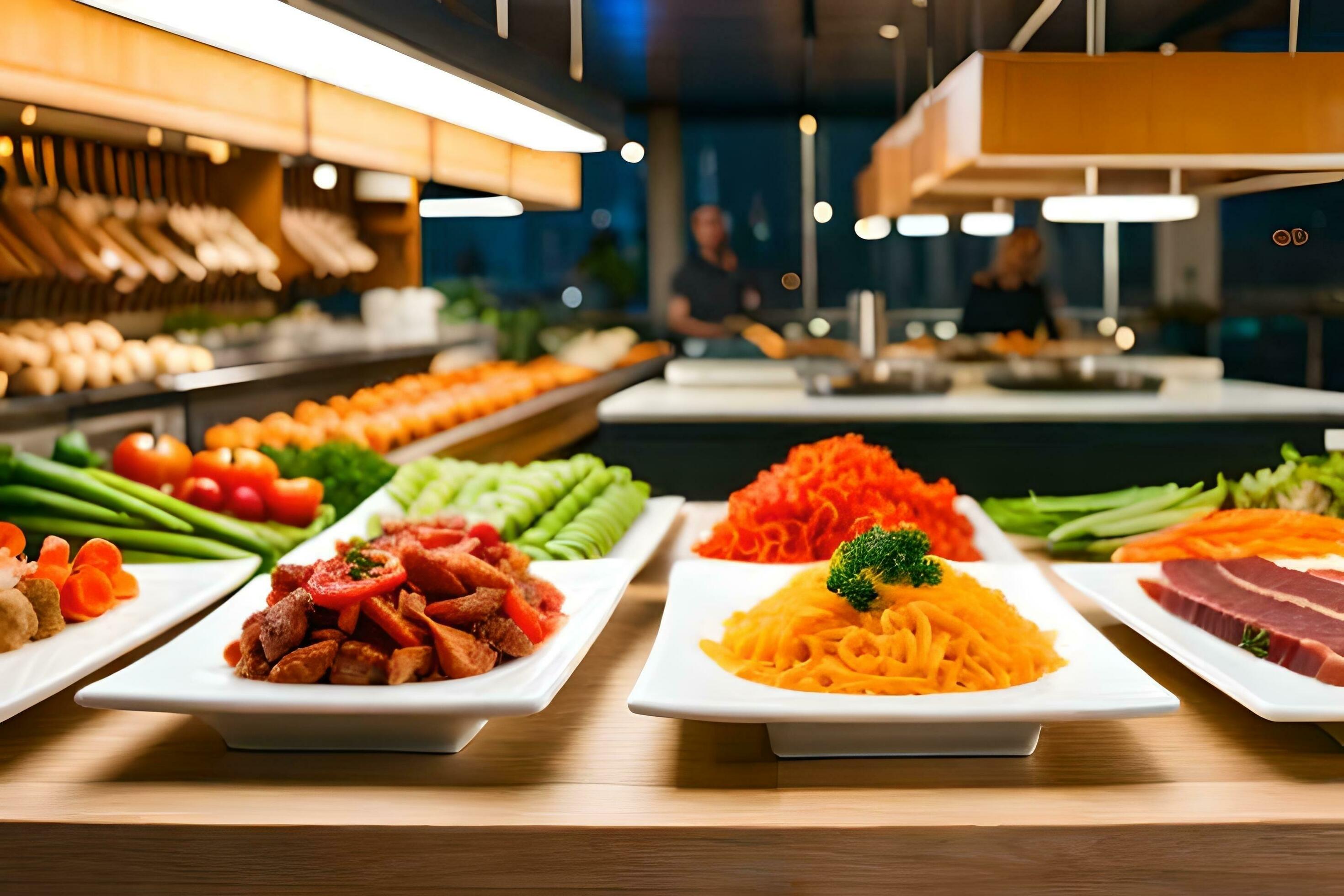 a buffet with various types of food on it. AI-Generated 32953777 Stock