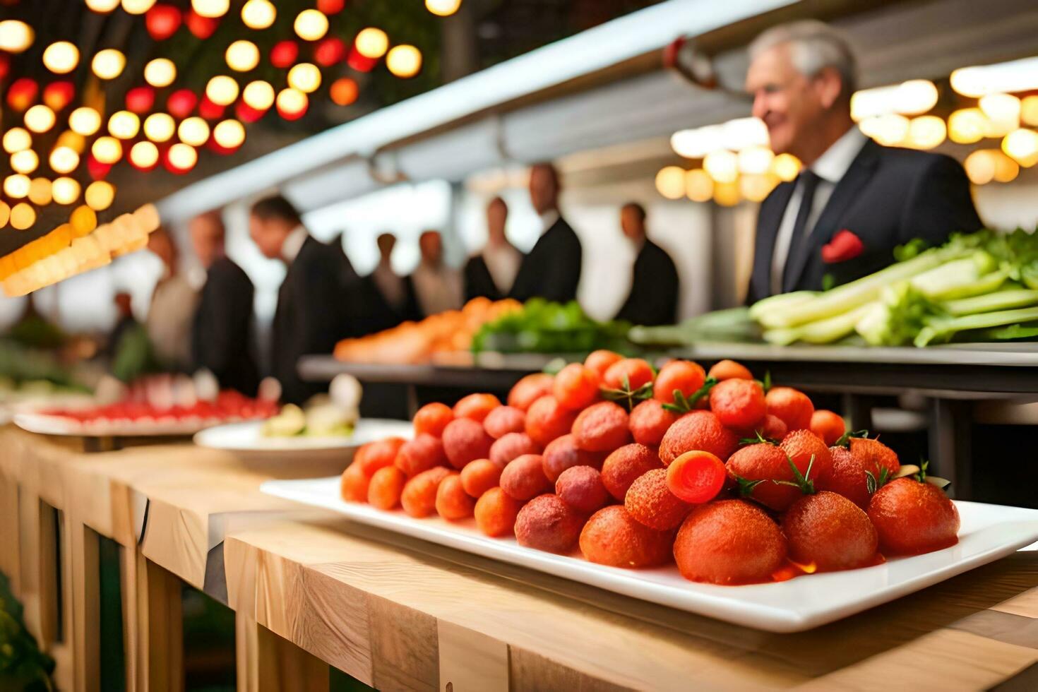 a buffet table with tomatoes and other vegetables. AI-Generated photo