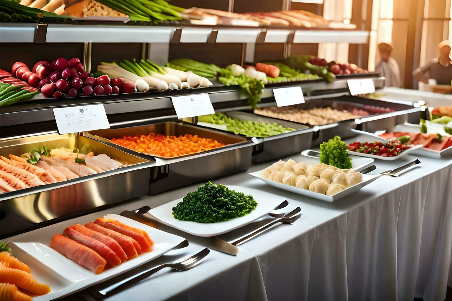 a buffet with many different types of food. AI-Generated photo