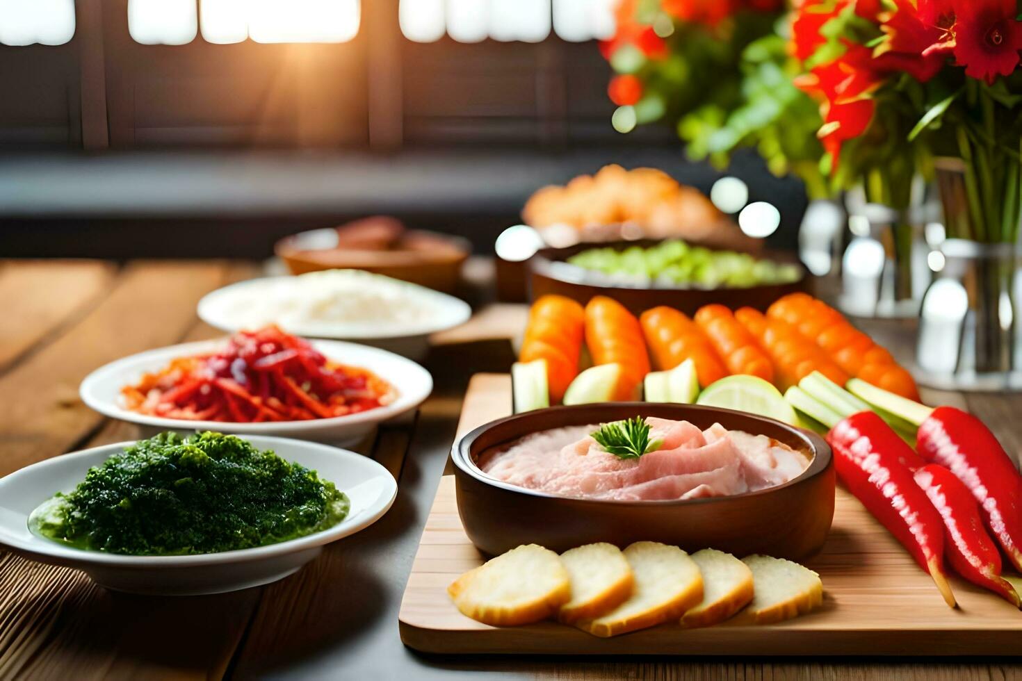 a table with various types of food on it. AI-Generated photo