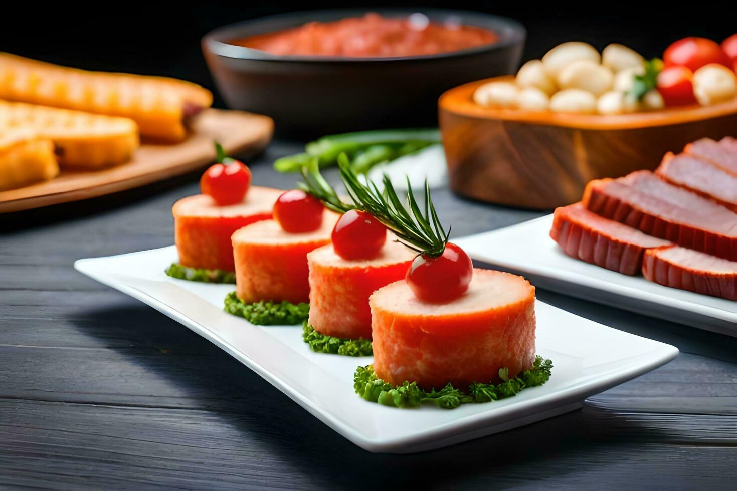various appetizers on white plates. AI-Generated photo