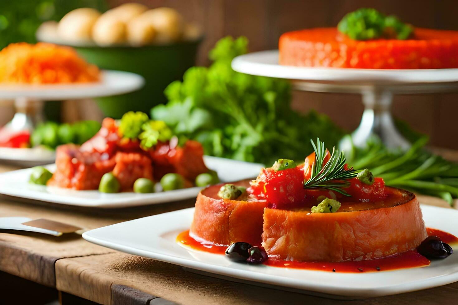 a table with several plates of food on it. AI-Generated photo