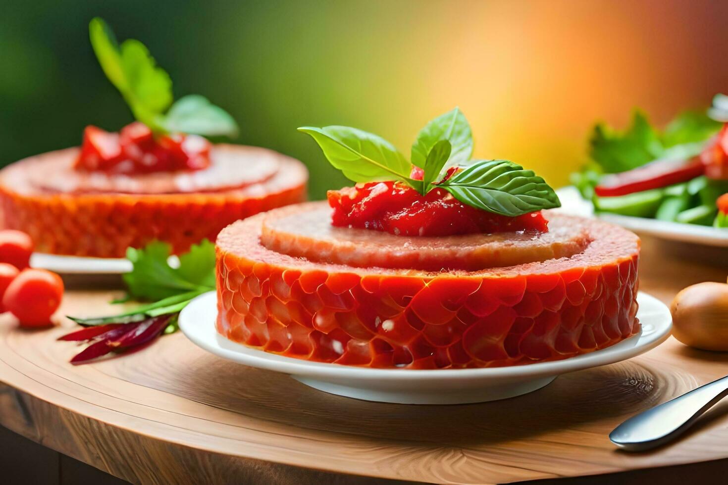 two cakes with tomato sauce on top of a wooden table. AI-Generated photo